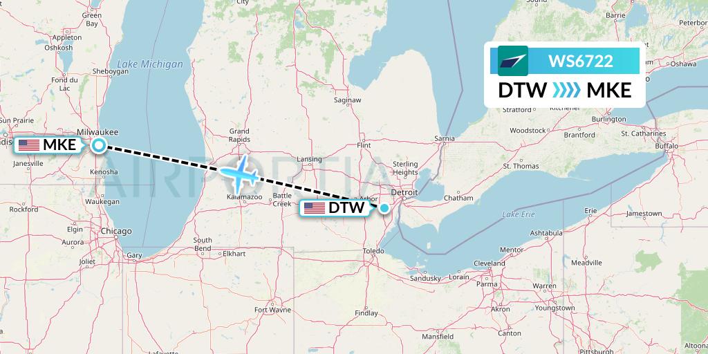 WS6722 WestJet Flight Map: Detroit to Milwaukee