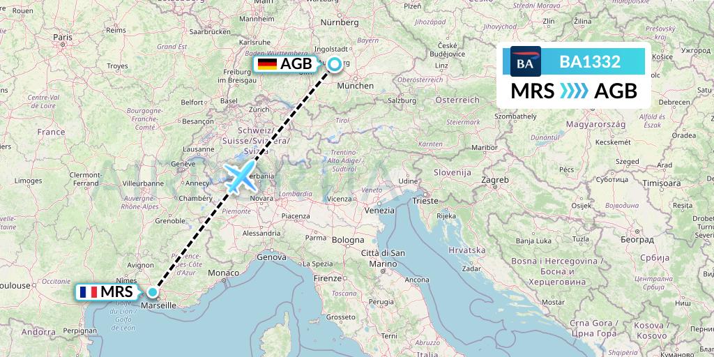 BA1332 British Airways Flight Map: Marseille to Augsburg