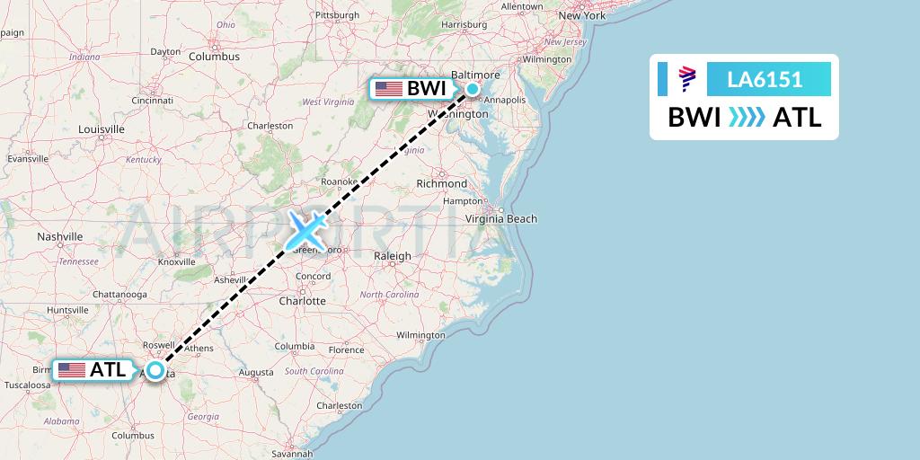LA6151 LAN Airlines Flight Map: Baltimore to Atlanta