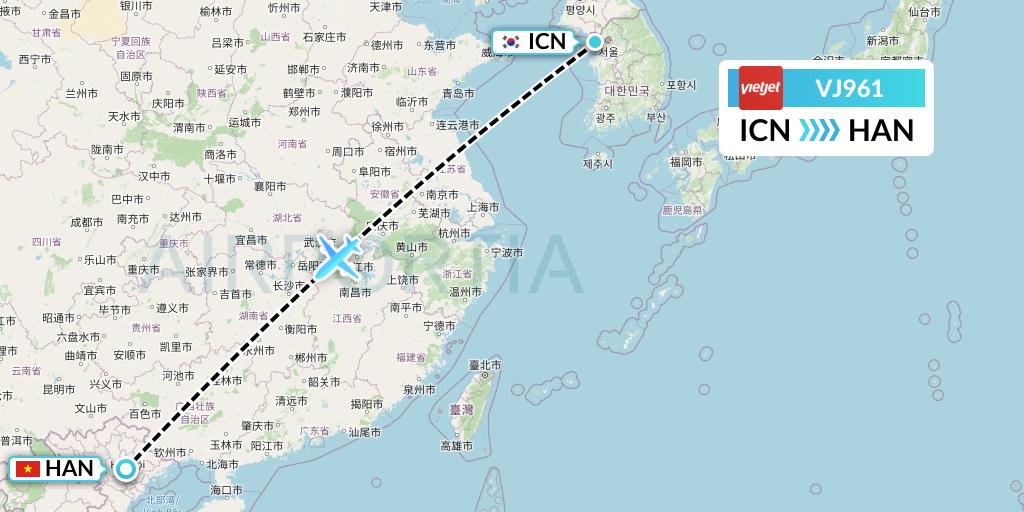 VJ961 VietJet Air Flight Map: Seoul to Hanoi