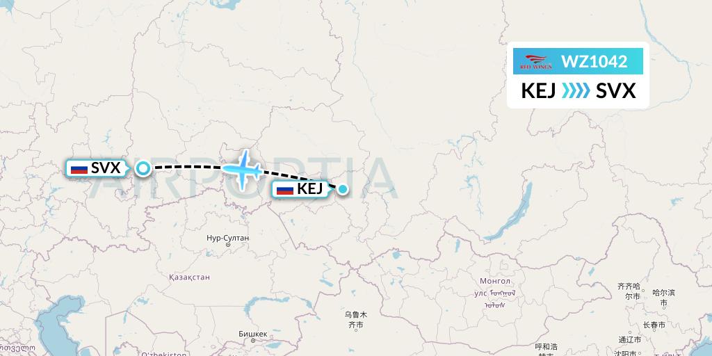 WZ1042 Red Wings Flight Map: Kemerovo to Yekaterinburg