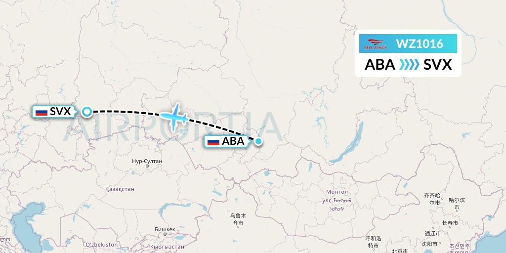 WZ1016 Red Wings Flight Map: Abakan to Yekaterinburg