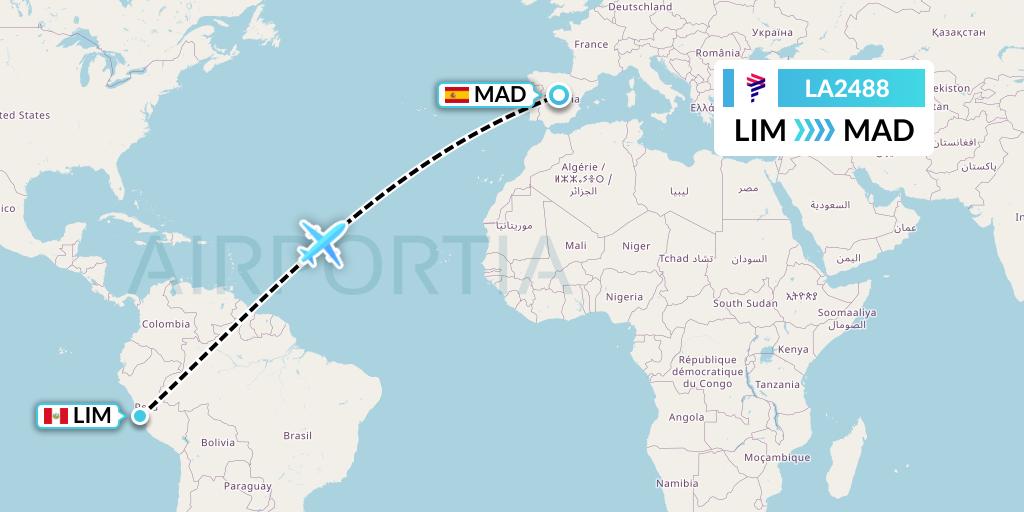 LA2488 LAN Airlines Flight Map: Lima to Madrid