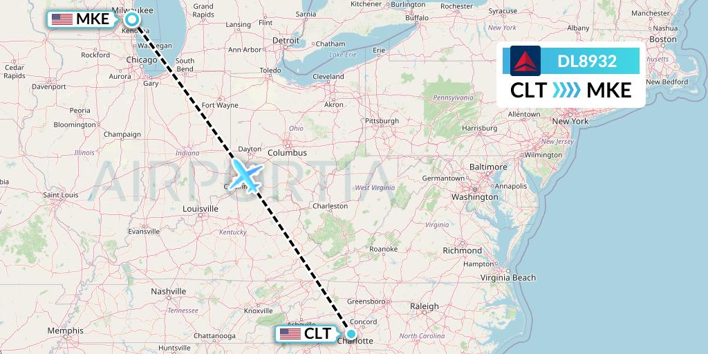 DL8932 Delta Air Lines Flight Map: Charlotte to Milwaukee