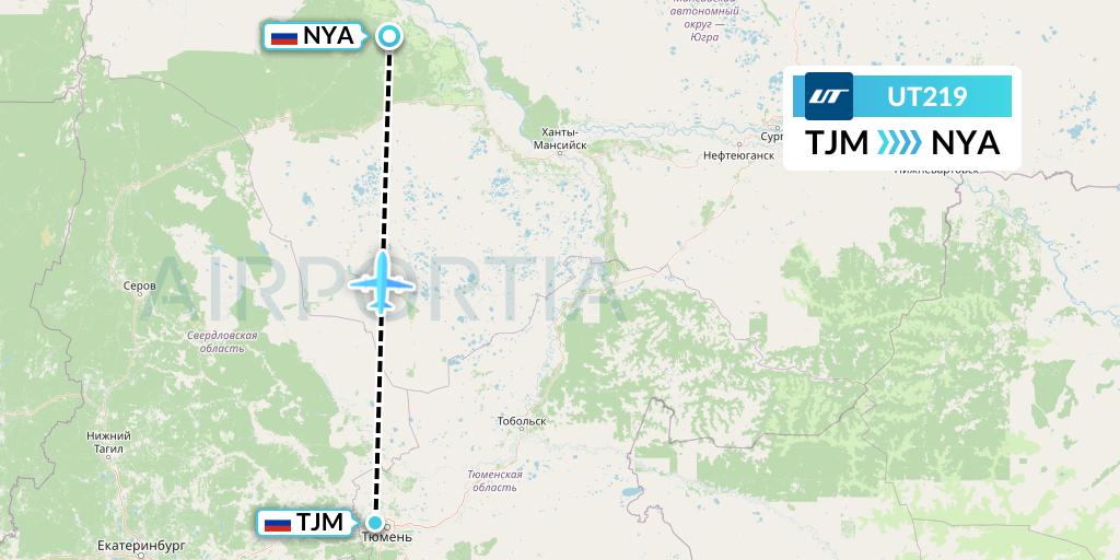UT219 UTair Flight Map: Tyumen to Nyagan
