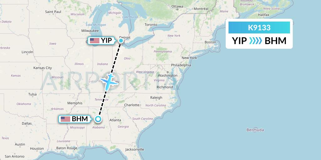 K9133 Kalitta Charters Flight Map: Detroit to Birmingham