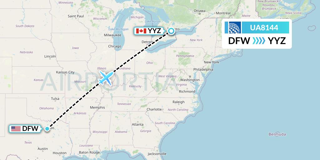 UA8144 United Airlines Flight Map: Dallas to Toronto