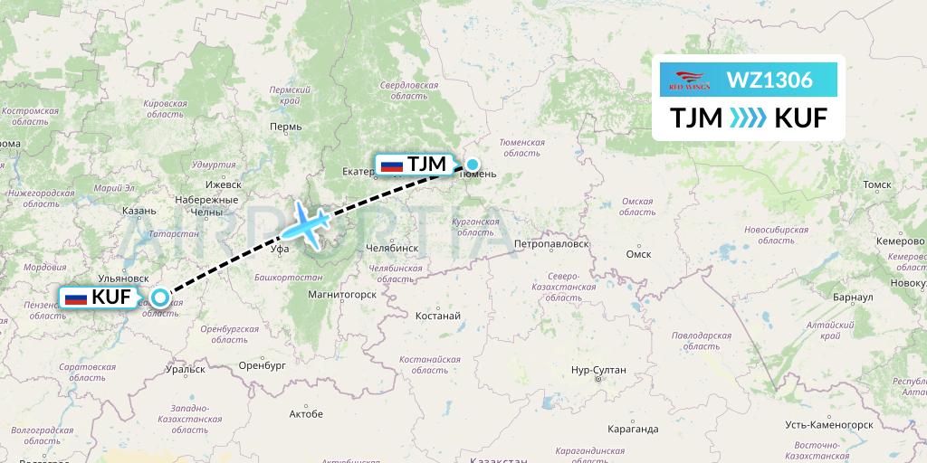 WZ1306 Red Wings Flight Map: Tyumen to Samara