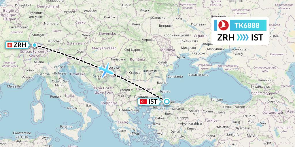 TK6888 Turkish Airlines Flight Map: Zurich to Istanbul