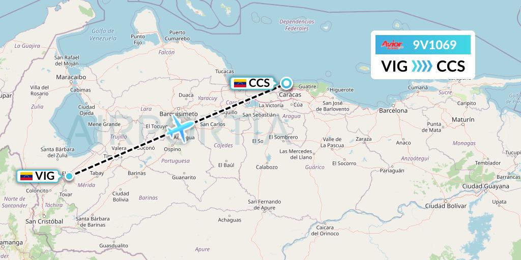 9V1069 Avior Airlines Flight Map: El Vigia to Caracas