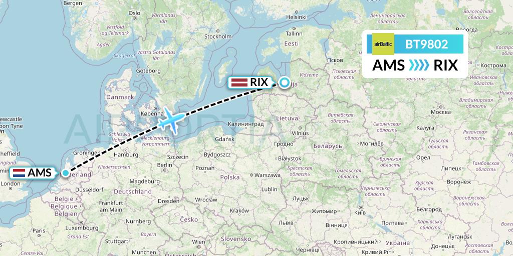 BT9802 Air Baltic Flight Map: Amsterdam to Riga