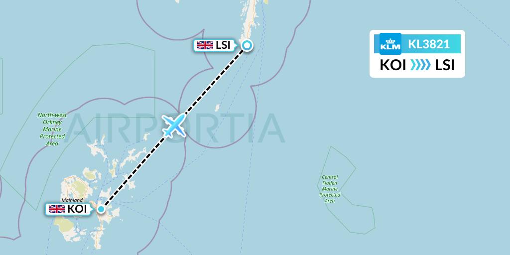 KL3821 KLM Flight Map: Kirkwall to Sumburgh