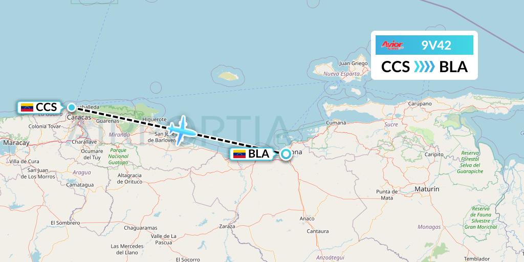 9V42 Avior Airlines Flight Map: Caracas to Barcelona