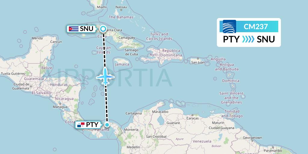 CM237 Copa Airlines Flight Map: Panama City to Santa Clara