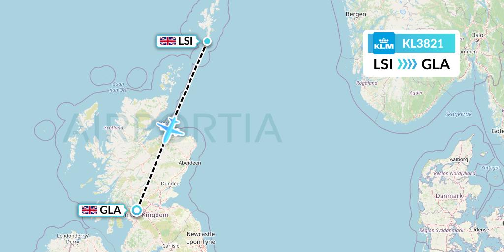 KL3821 KLM Flight Map: Sumburgh to Glasgow