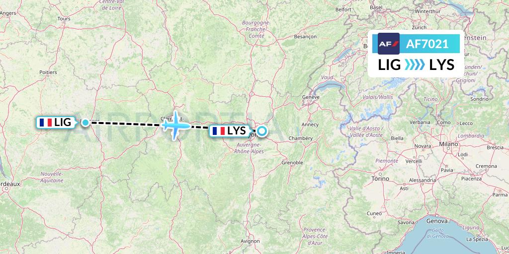 AF7021 Air France Flight Map: Limoges to Lyon