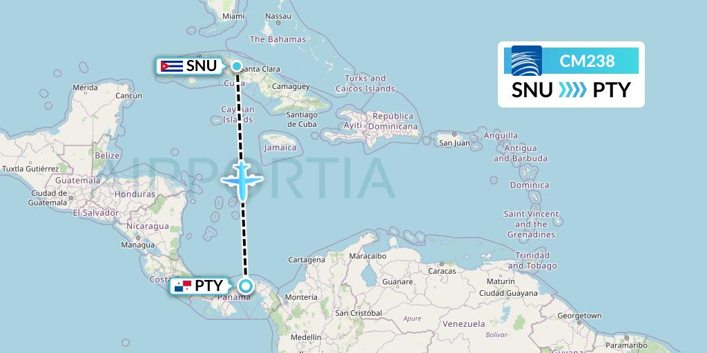 CM238 Copa Airlines Flight Map: Santa Clara to Panama City