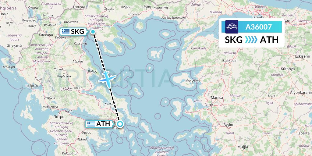 A36007 Aegean Airlines Flight Map: Thessaloniki to Athens
