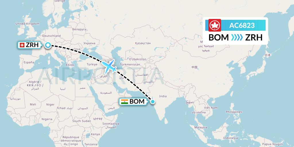 AC6823 Air Canada Flight Map: Mumbai to Zurich