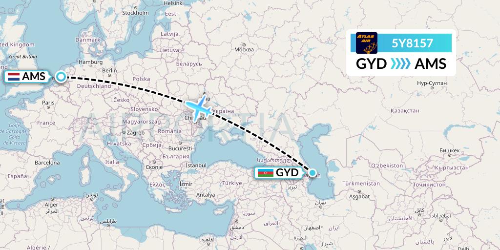5Y8157 Atlas Air Flight Map: Baku to Amsterdam