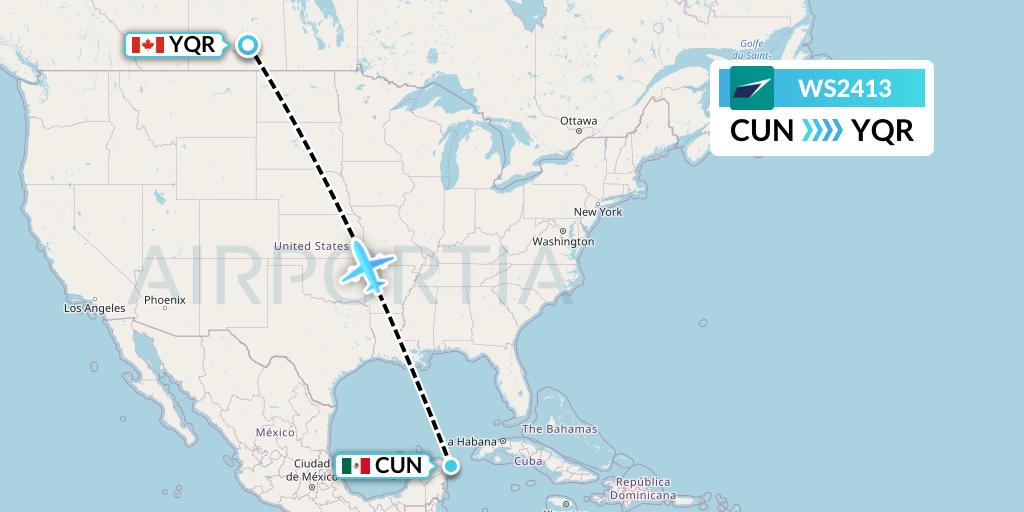 WS2413 WestJet Flight Map: Cancun to Regina