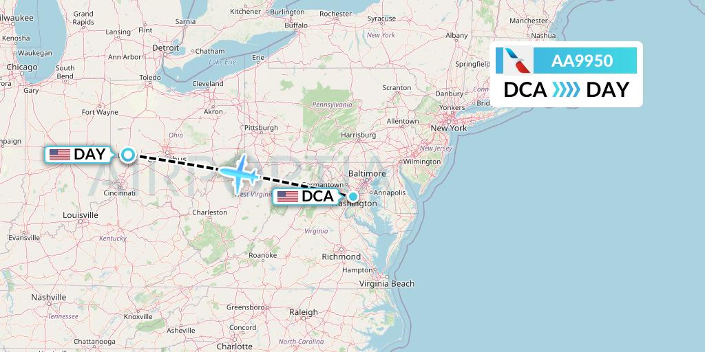 AA9950 American Airlines Flight Map: Washington to Dayton