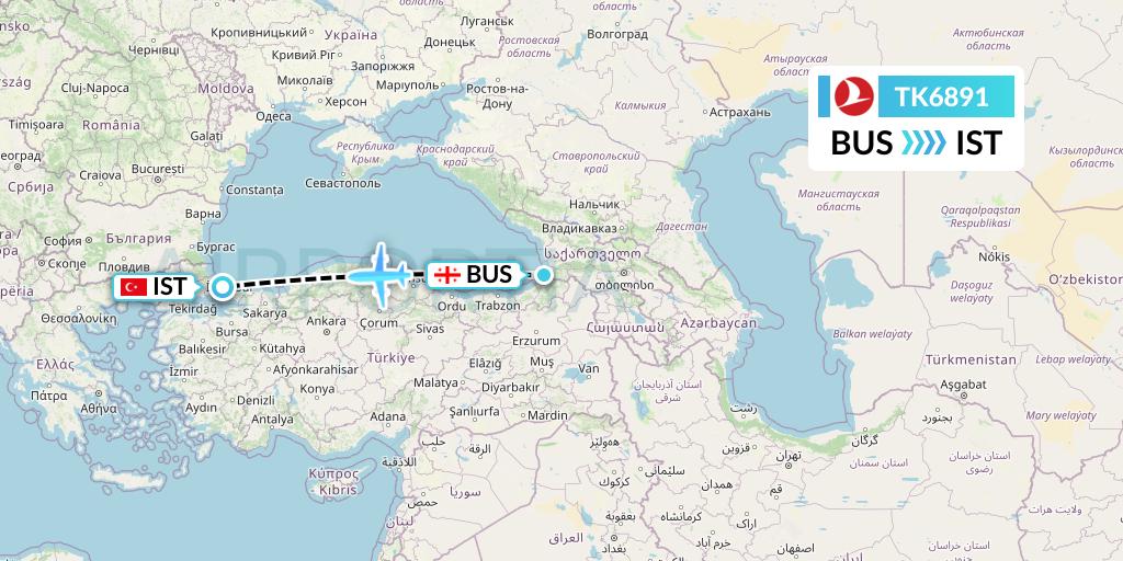 TK6891 Turkish Airlines Flight Map: Batumi to Istanbul