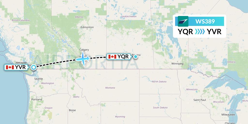 WS389 WestJet Flight Map: Regina to Vancouver