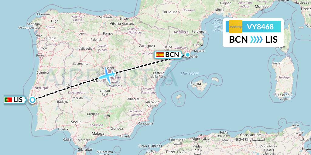 VY8468 Vueling Flight Map: Barcelona to Lisbon