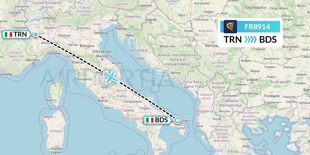 FR8914 Ryanair Flight Map: Turin to Brindisi