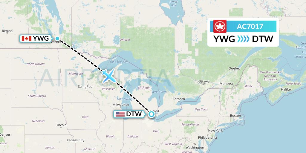 AC7017 Air Canada Flight Map: Winnipeg to Detroit