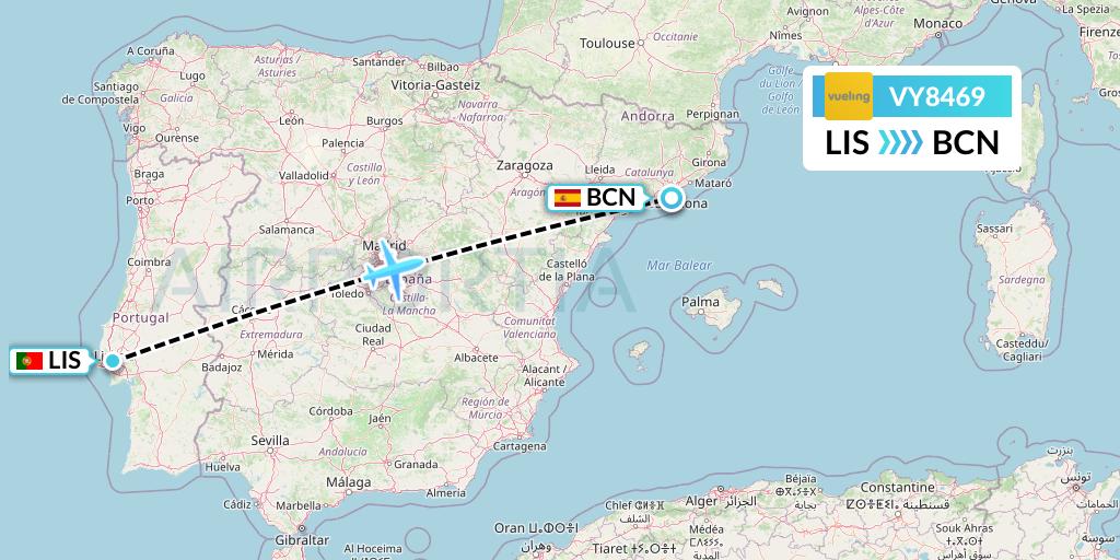 VY8469 Vueling Flight Map: Lisbon to Barcelona