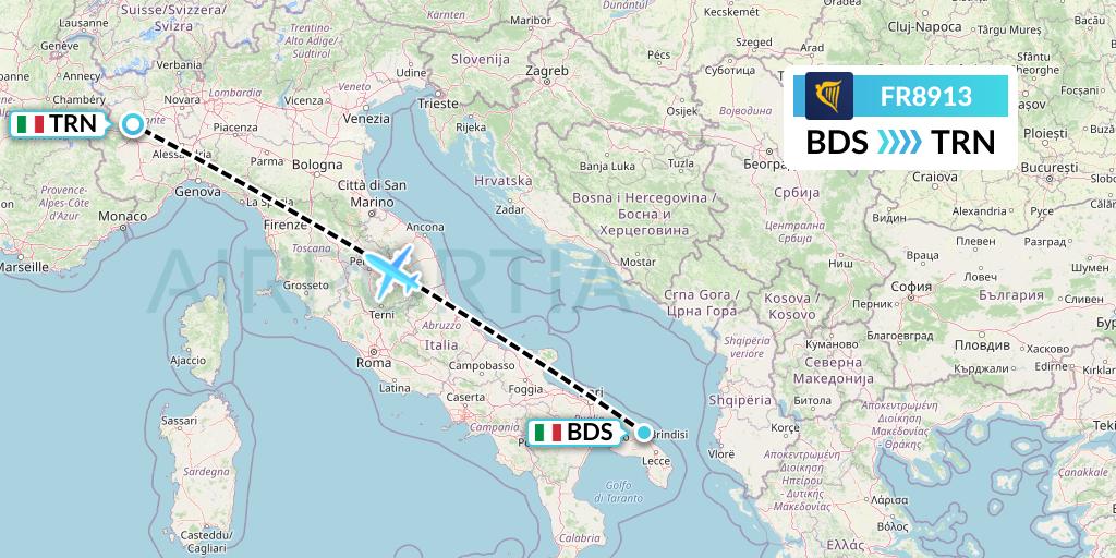 FR8913 Ryanair Flight Map: Brindisi to Turin
