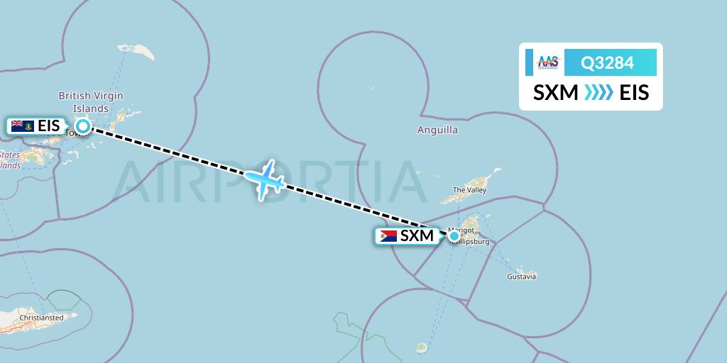 Q3284 Anguilla Air Services Flight Map: Sint Maarten to Beef Island