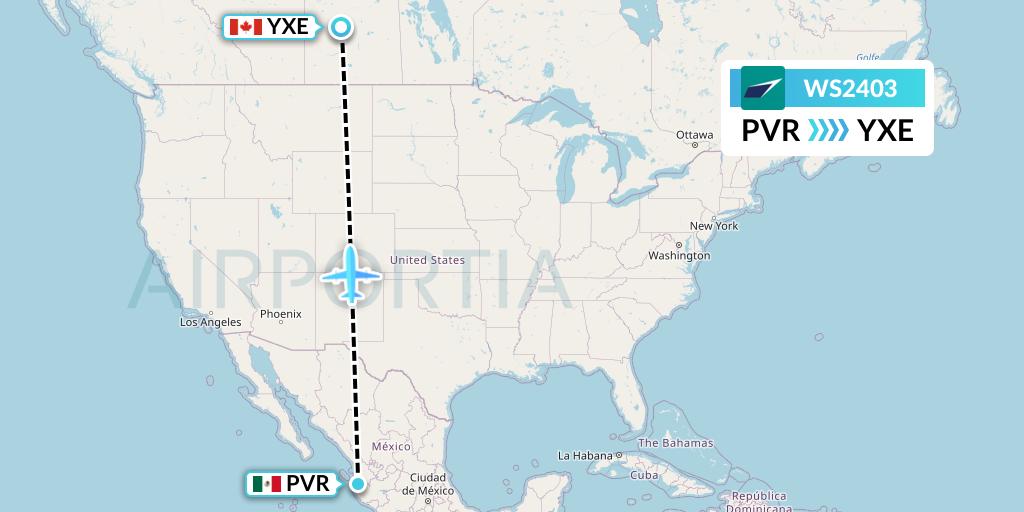 WS2403 WestJet Flight Map: Puerto Vallarta to Saskatoon