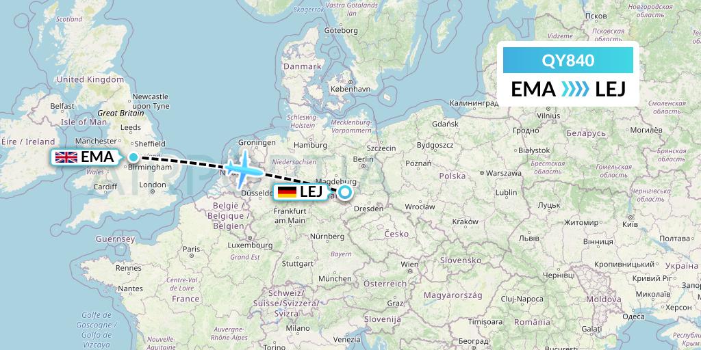 QY840 European Air Transport Flight Map: East Midlands to Leipzig