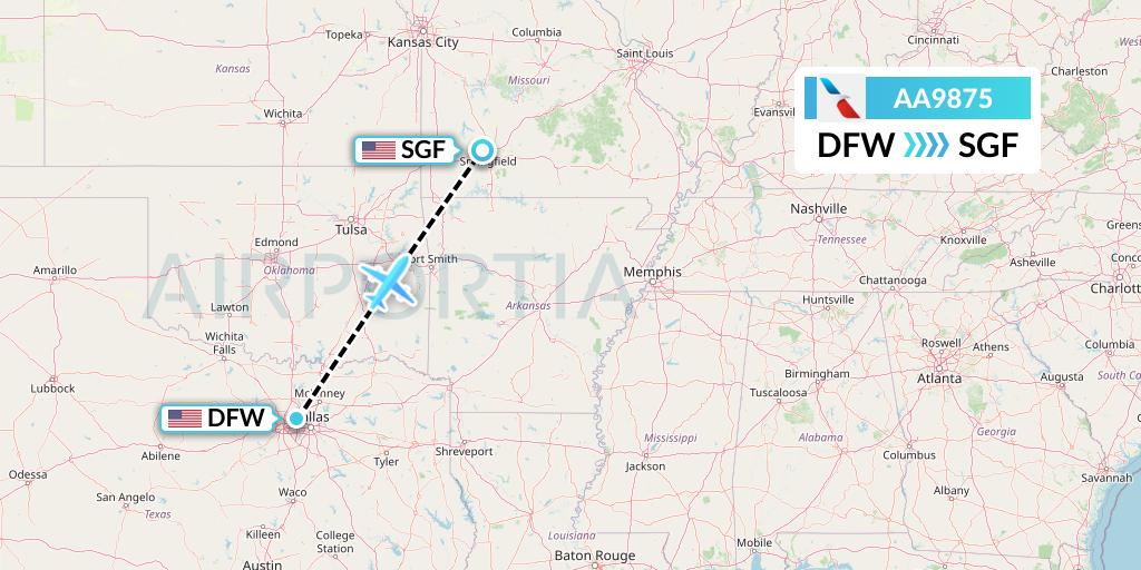 AA9875 American Airlines Flight Map: Dallas to Springfield