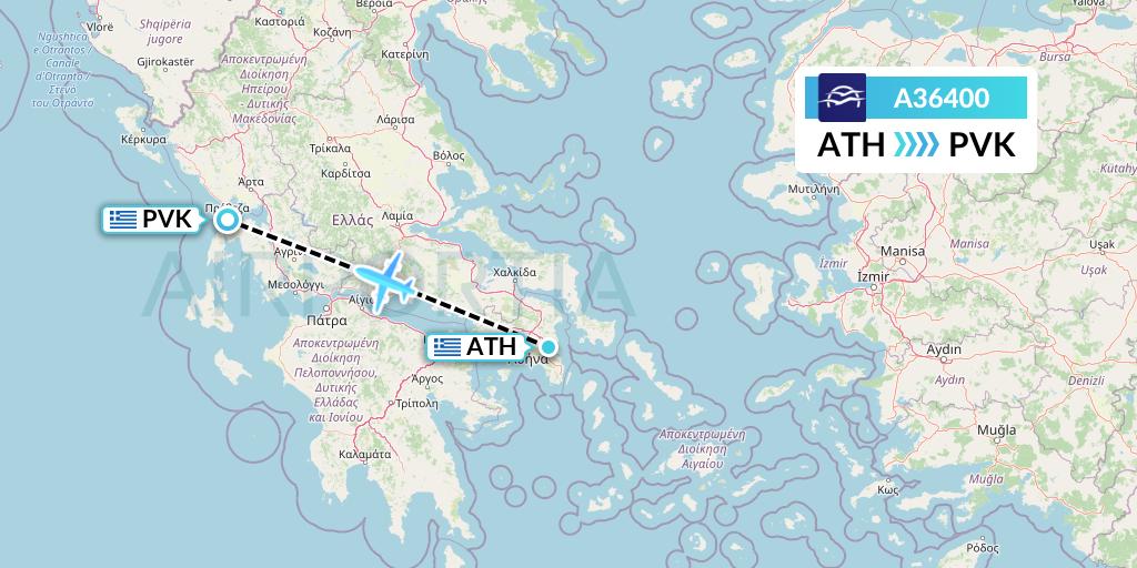 A36400 Aegean Airlines Flight Map: Athens to Preveza