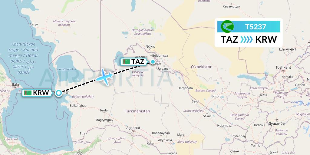 T5237 Turkmenistan Airlines Flight Map: Dasoguz to Turkmenbashi
