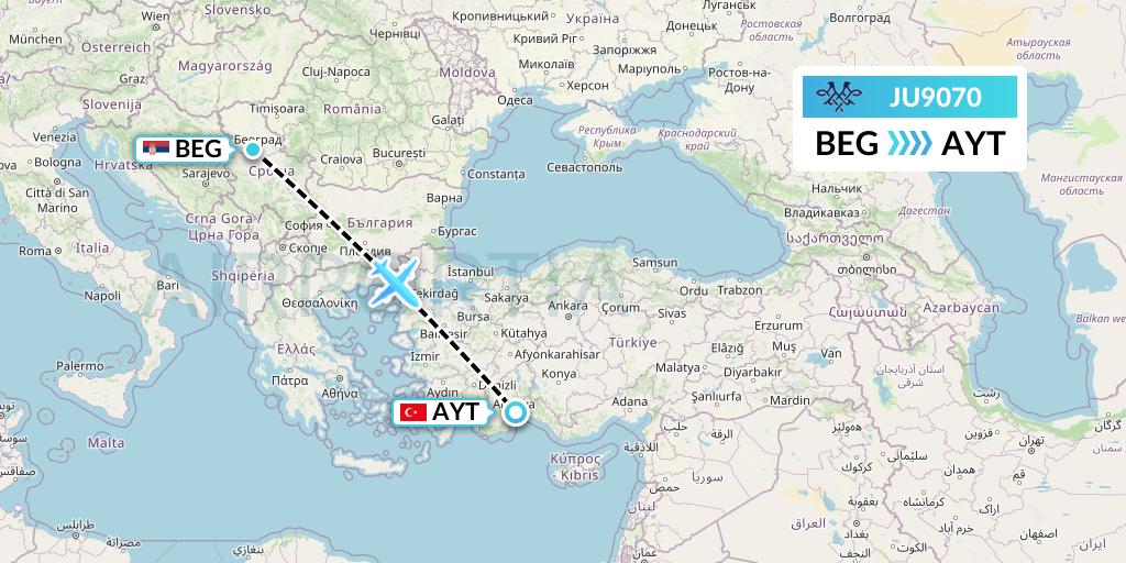 JU9070 AirSERBIA Flight Map: Belgrade to Antalya