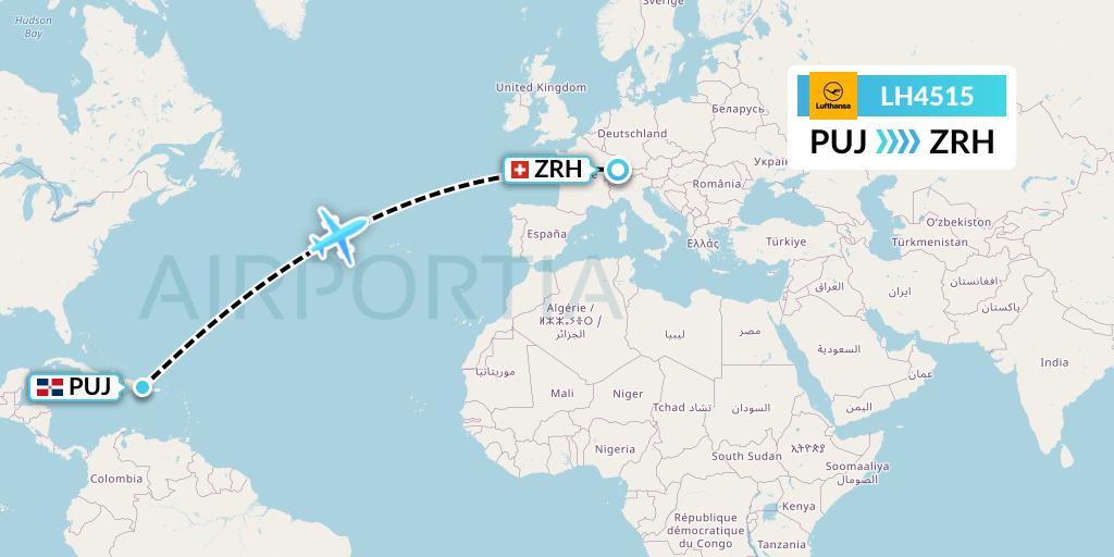 LH4515 Lufthansa Flight Map: Punta Cana to Zurich