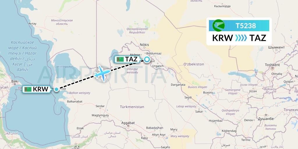 T5238 Turkmenistan Airlines Flight Map: Turkmenbashi to Dasoguz