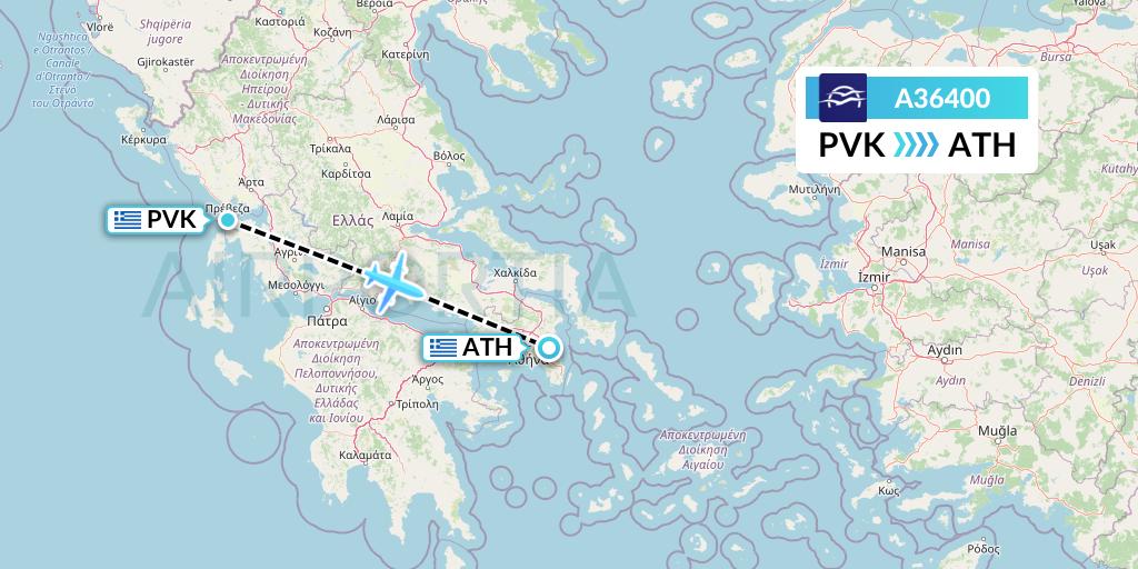 A36400 Aegean Airlines Flight Map: Preveza to Athens