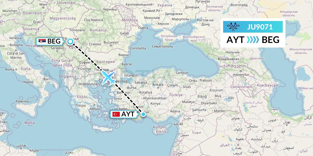 JU9071 AirSERBIA Flight Map: Antalya to Belgrade