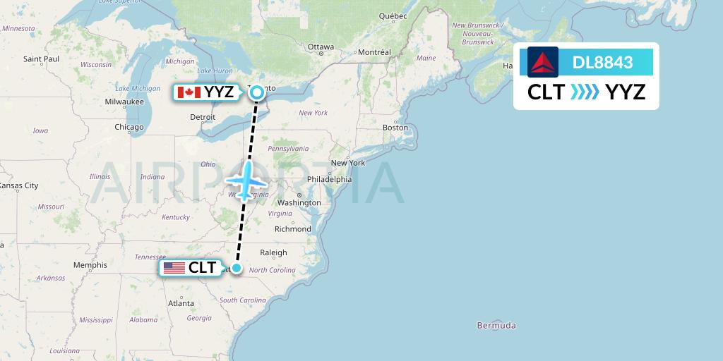 DL8843 Delta Air Lines Flight Map: Charlotte to Toronto