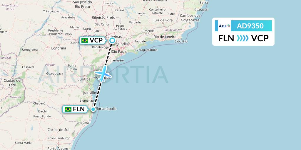 AD9350 Azul Brazilian Airlines Flight Map: Florianopolis to Campinas