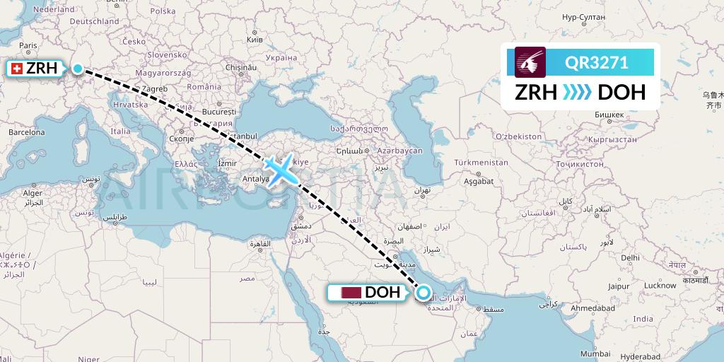 QR3271 Qatar Airways Flight Map: Zurich to Doha