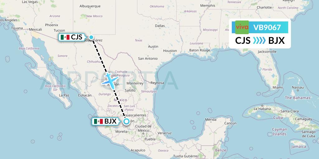 VB9067 VivaAerobus Flight Map: Ciudad Juarez to Silao