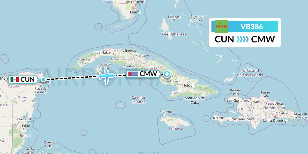 VB386 VivaAerobus Flight Map: Cancun to Camaguey