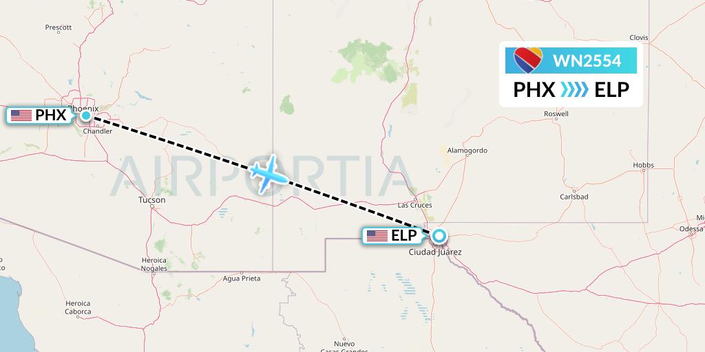 WN2554 Southwest Airlines Flight Map: Phoenix to El Paso